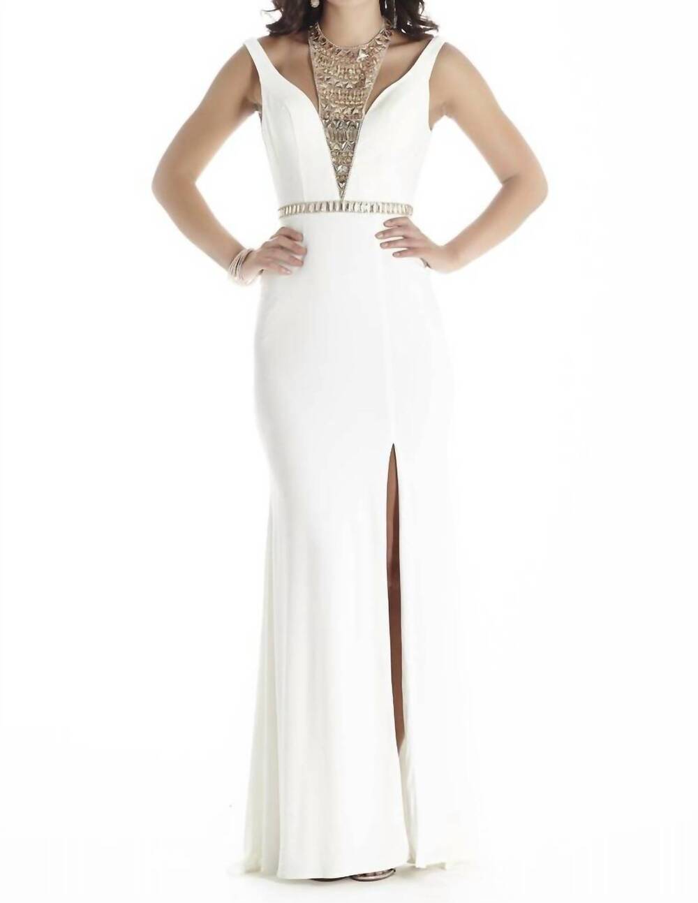 NEW JOSH & JAZZ embellished jersey v neck prom dress in black/gold